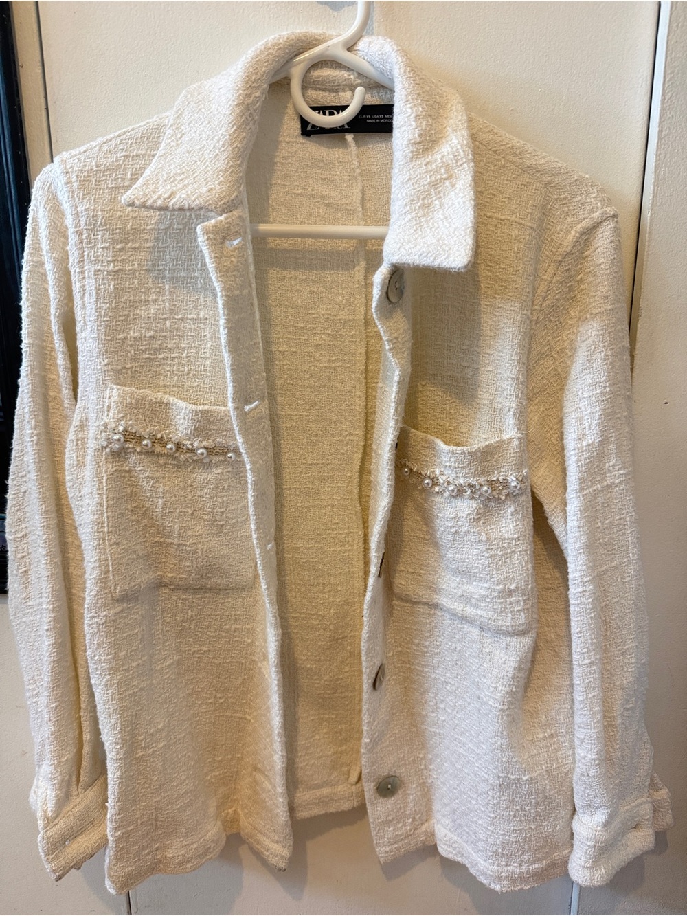 Zara cotton blazer. Cream Textured Pearl-Trim buttoned Jacket